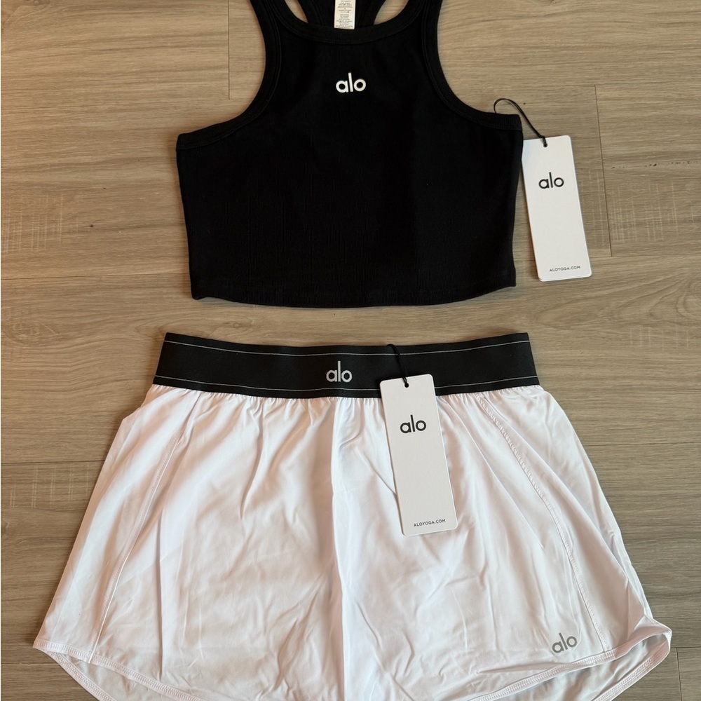 ALO Yoga Black Cropped Tank with White Athletic Shorts